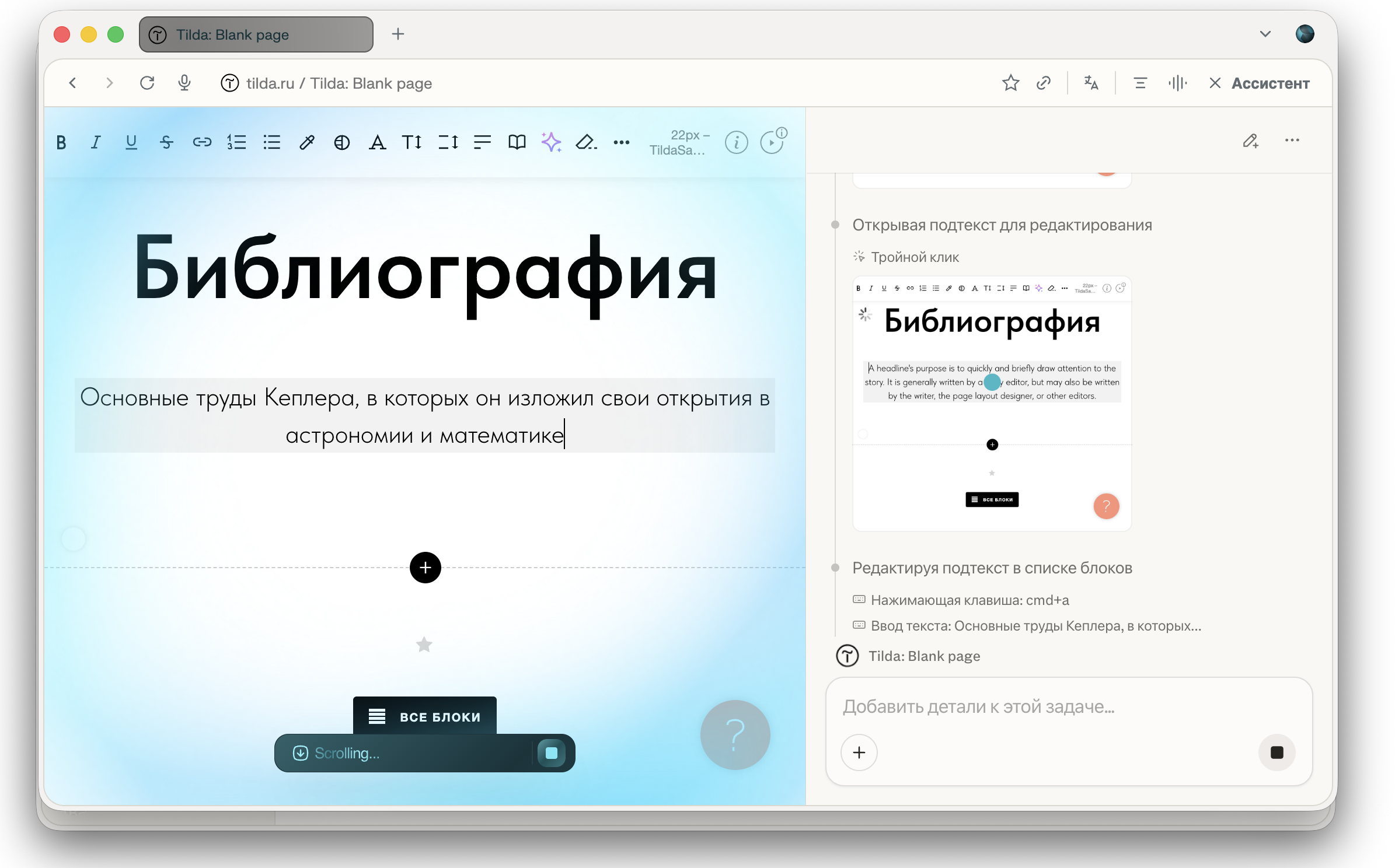 Ассистент редактирует текстовый блок библиографии в Tilda