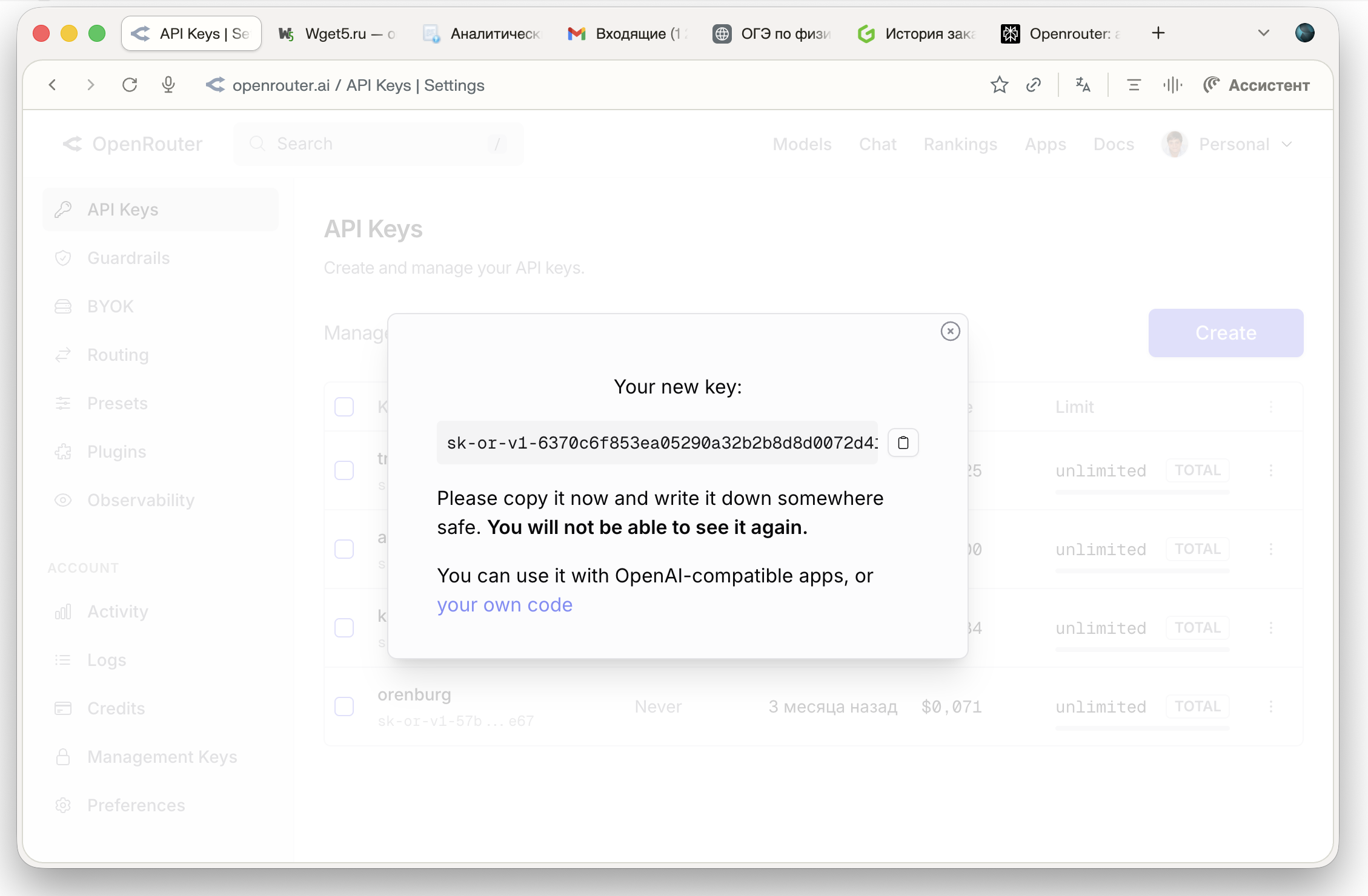 Окно с новым OpenRouter токеном