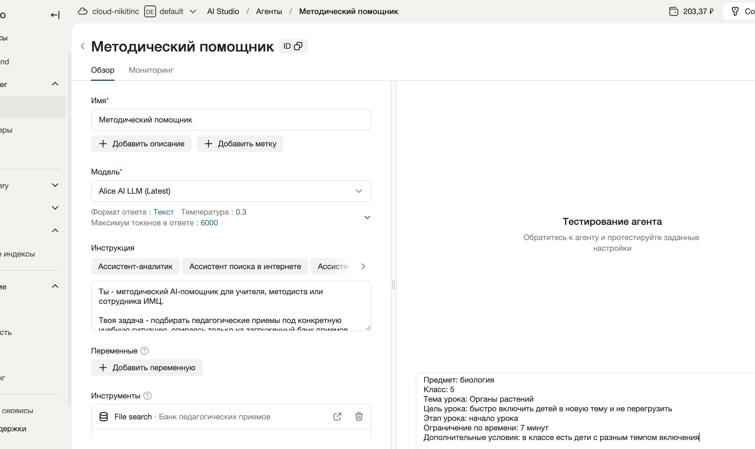 Первый тестовый кейс вставлен в панель тестирования агента